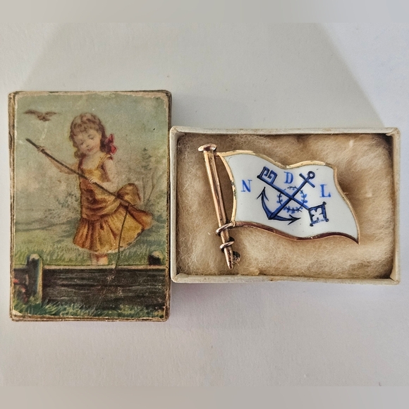 Historic Antique 19c Norddeutscher Lloyd NDL 800 Silver Enamel Pin Original Box